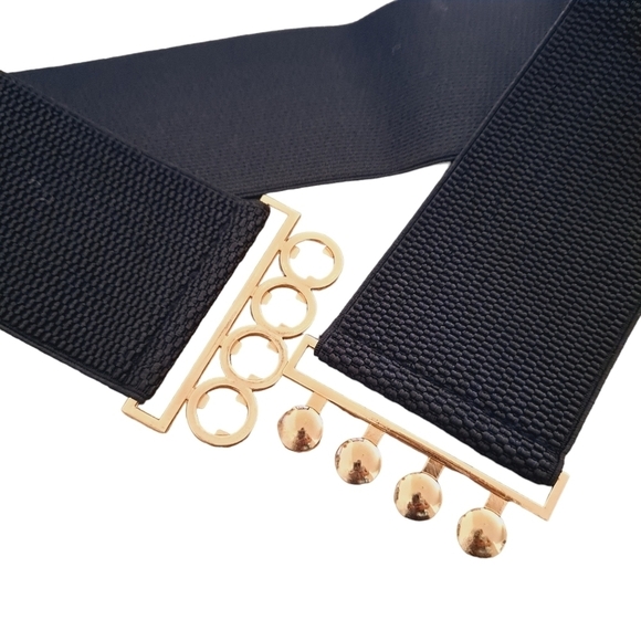 Ladies Black Extra wide waist Stretch corset elastic Belt Gold dots buckle belt - Picture 9 of 10